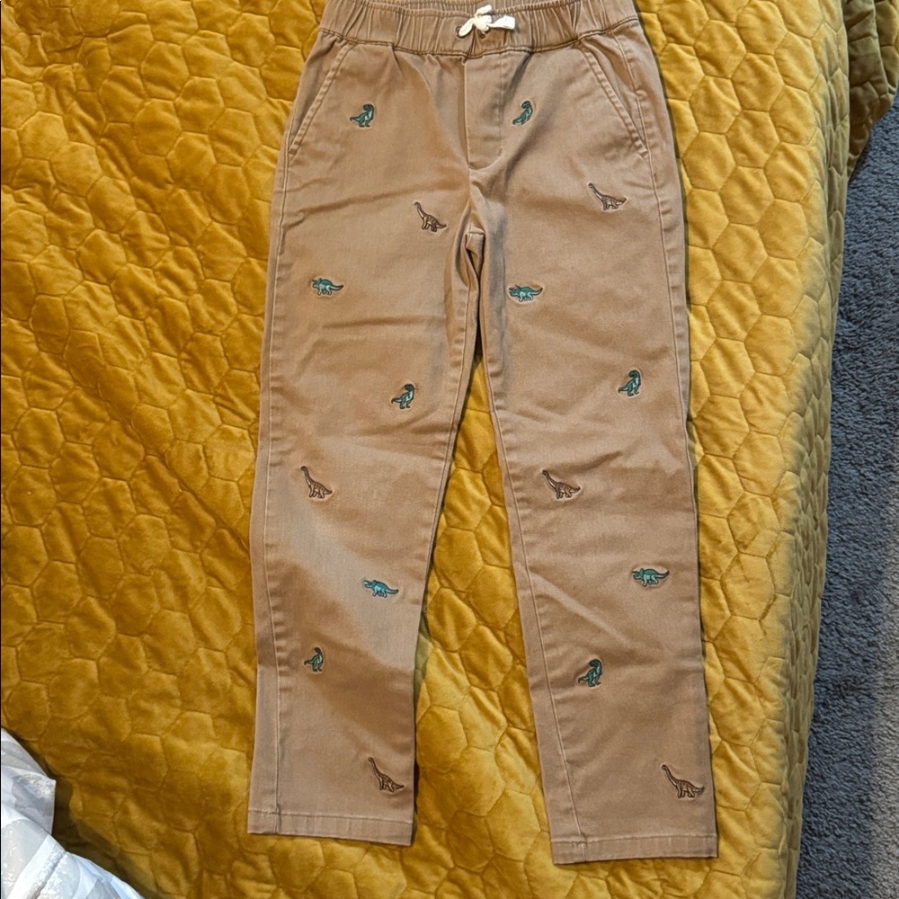 Tan Pants with Dinosaur Embroidery